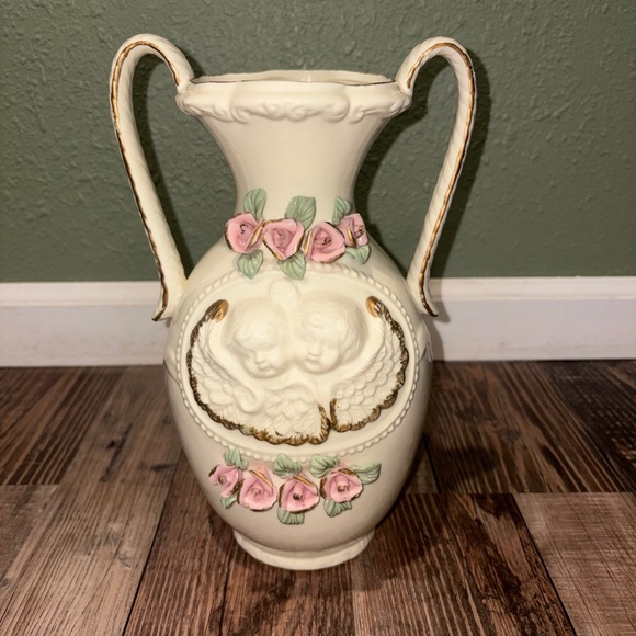Vintage Porcelain White Raised Flowers Double Handle Cherub Vase 10.25" Angels - Picture 3 of 10